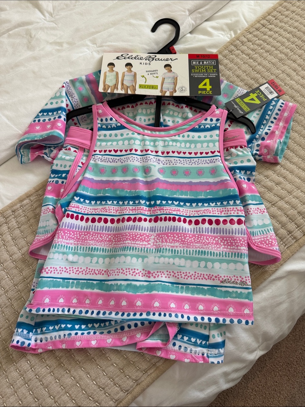 🆕Eddie Bauer Kids Pink, Teal & White Striped Tank Swim Top - 4 Piece Set